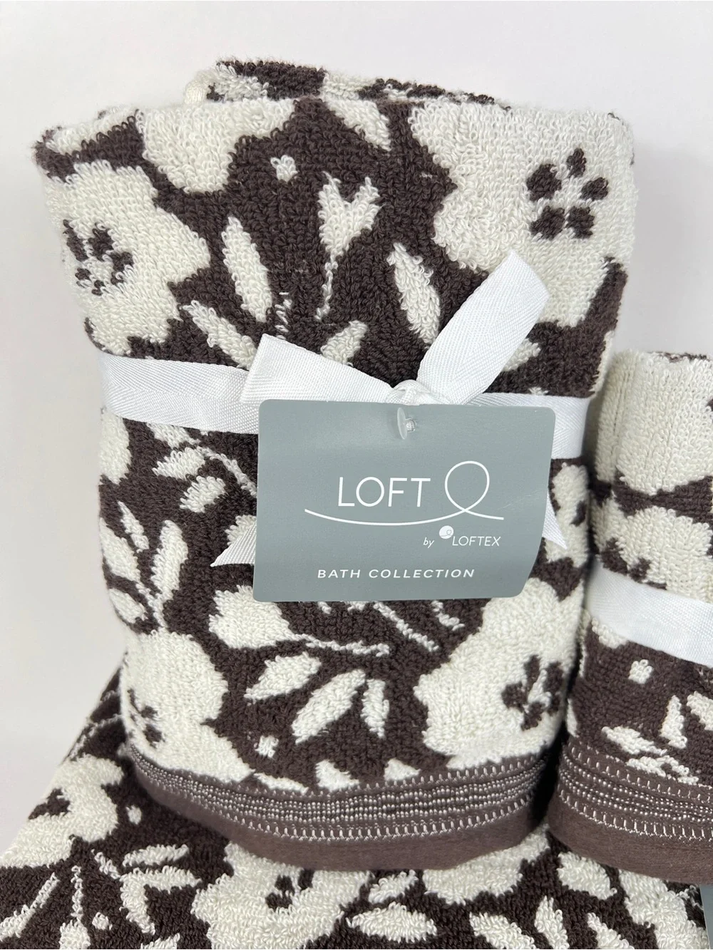 Loft by Loftex Bath Towel Set Bold Floral Brown Cream Soft 100% Cotton 8 Pc NEW